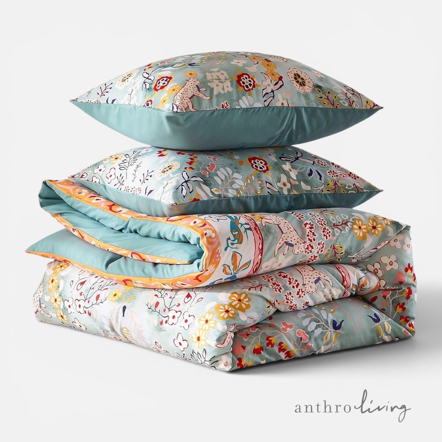 NEW Anthro Blue Jungle Multicolor Boho Queen / King Bedding Duvet & Sham Case