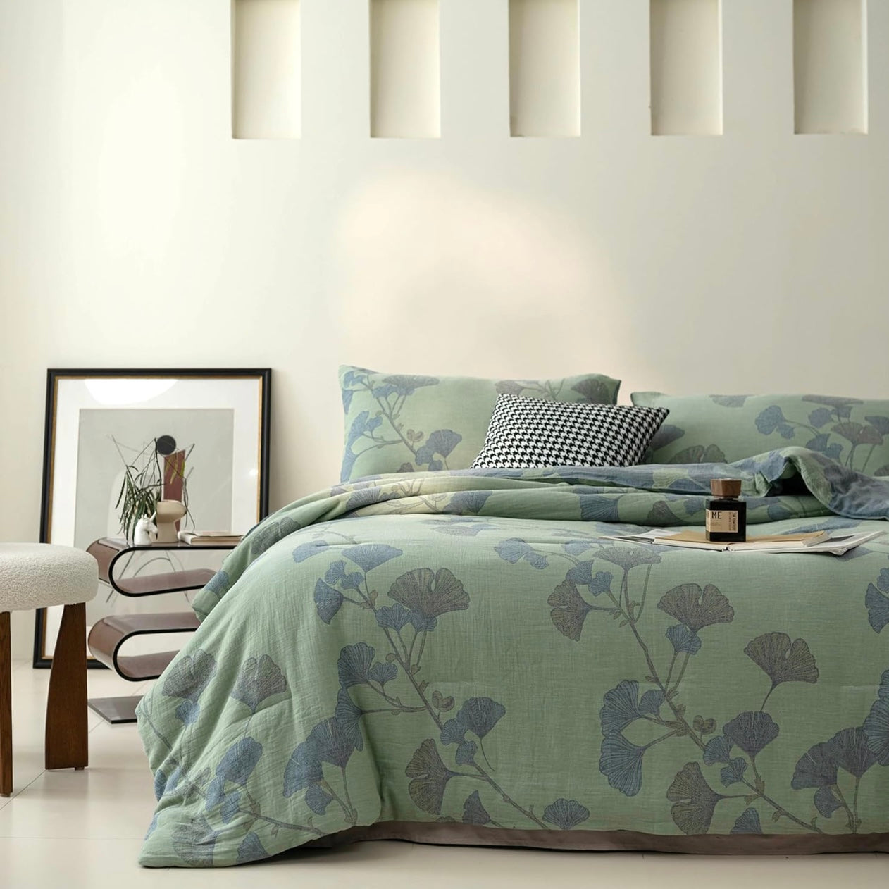 NEW Anthro Blue Green Floral Reversible King Size Bedspread Comforter & Sham Set