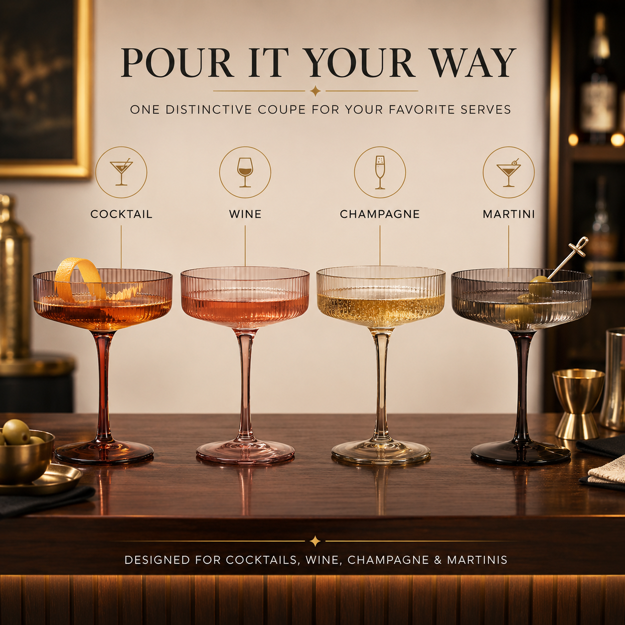 Venus Champagne Coupe Cocktail Glassware, Set of 6