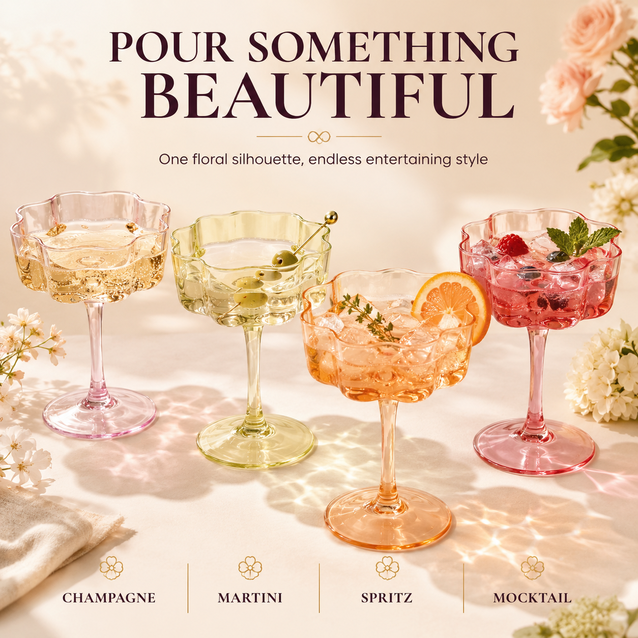 Flower Wave Coupe Cocktail Colored Glasses | Set of 5 | Fall/Holiday Colors