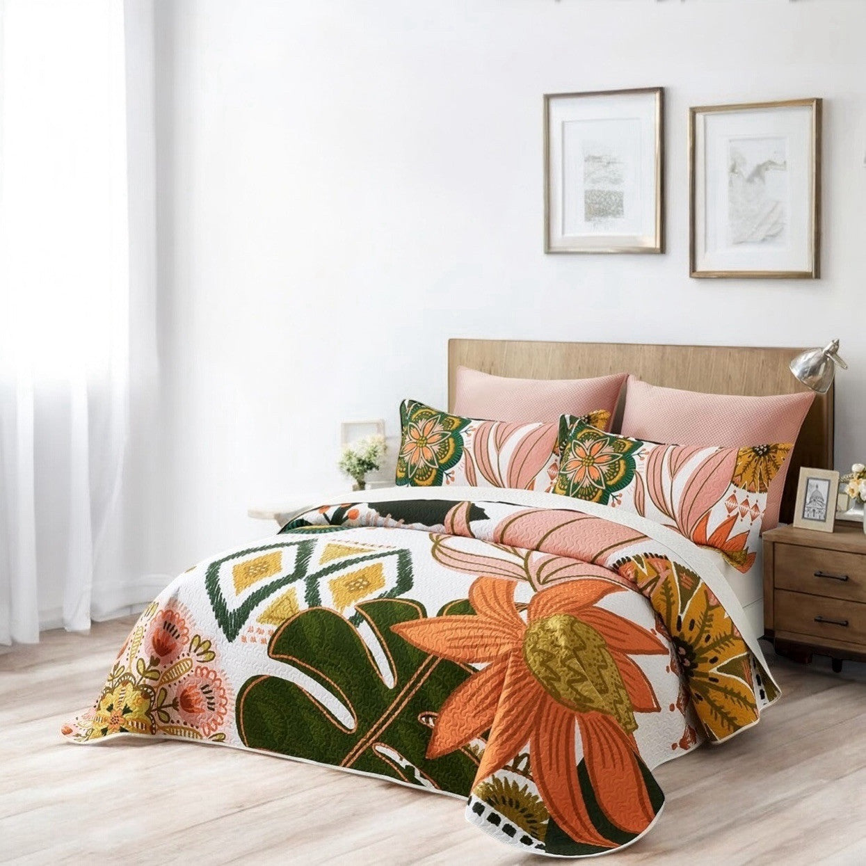 NEW Anthro Queen Size Floral Boho Reversible Quilt Bedspread Blanket Sham Set