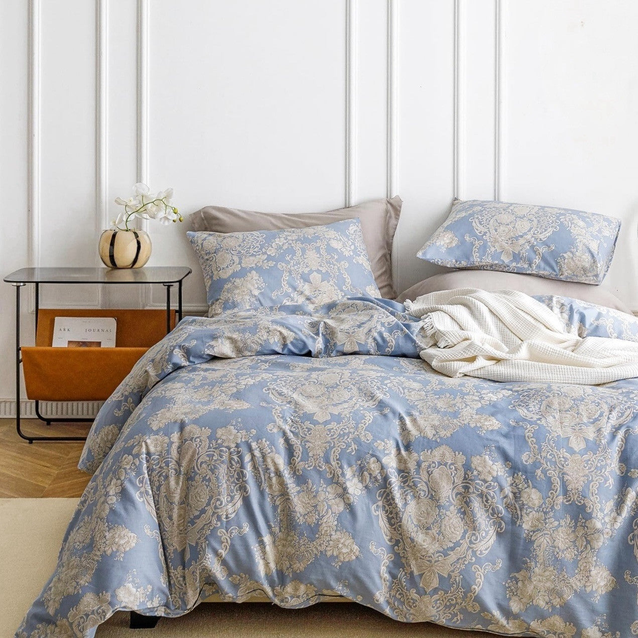 NEW Anthropologie Blue Damask Lux 100% Cotton Boho Queen Bedding Duvet Sham Set