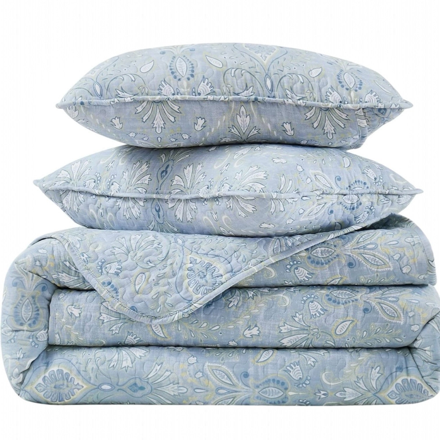 NEW West Elm Light Blue Queen Size Paisley Bedspread Quilt Sham Pillow Case Set