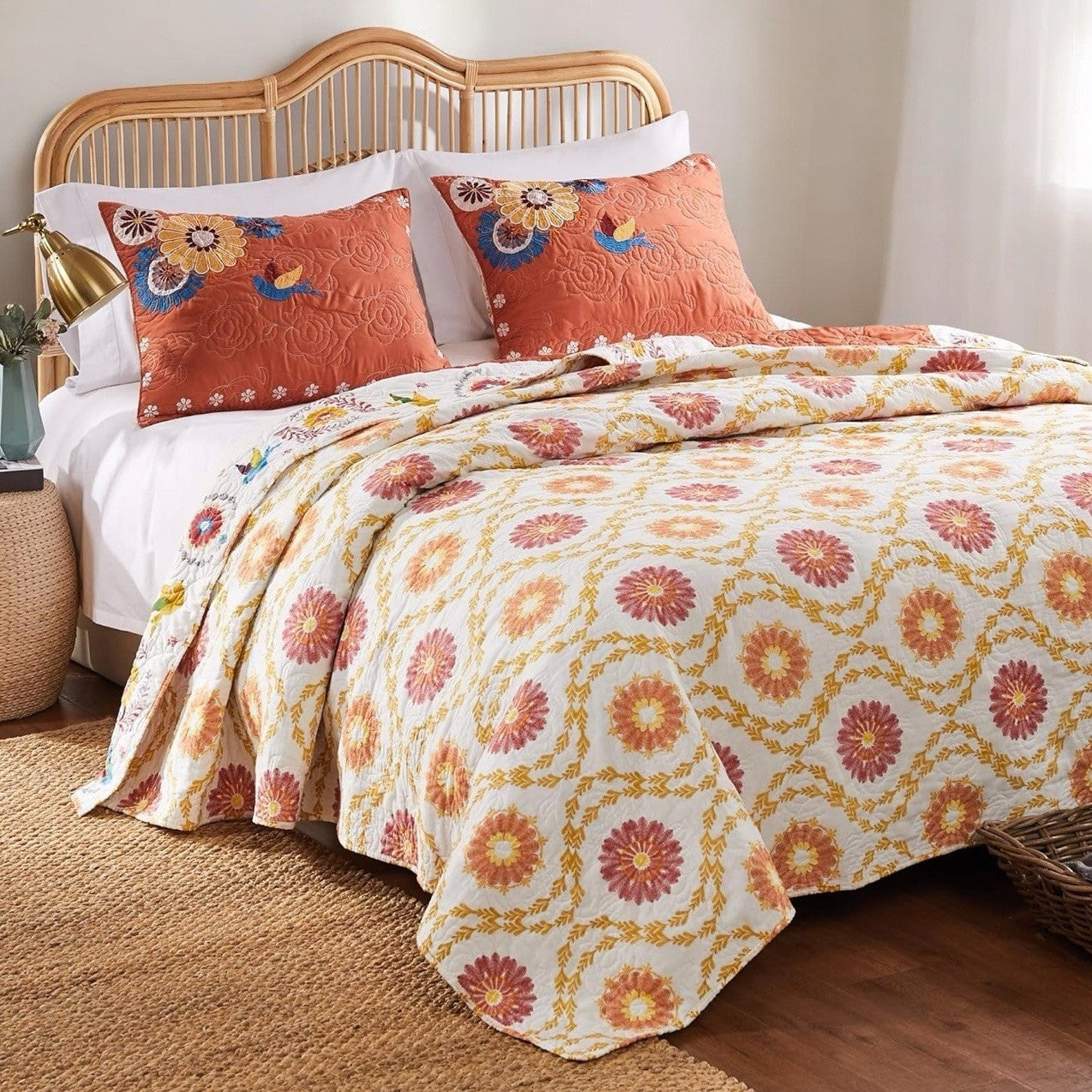 NEW Anthropologie King Floral Reversible Boho Quilt Bedspread Blanket Sham Set