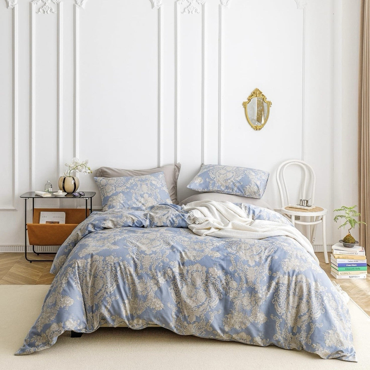 NEW Anthropologie Blue Damask Lux 100% Cotton Boho King Bedding Duvet Sham Set