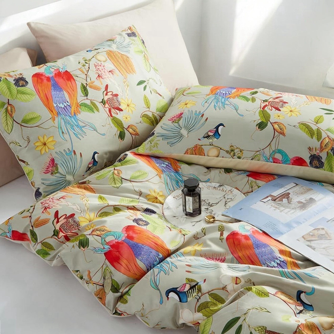 NEW Anthropologie Boho King Floral Bird Print Bedding Duvet Floral Sham Case Set