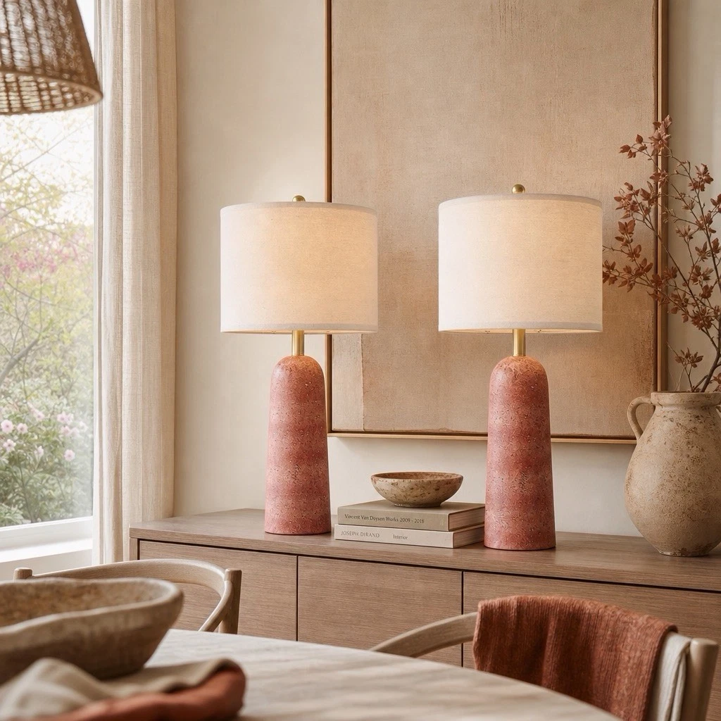 NEW Anthropologie Set of 2 Pink Resin Stone Boho Table Lamps Linen Lighting 27"