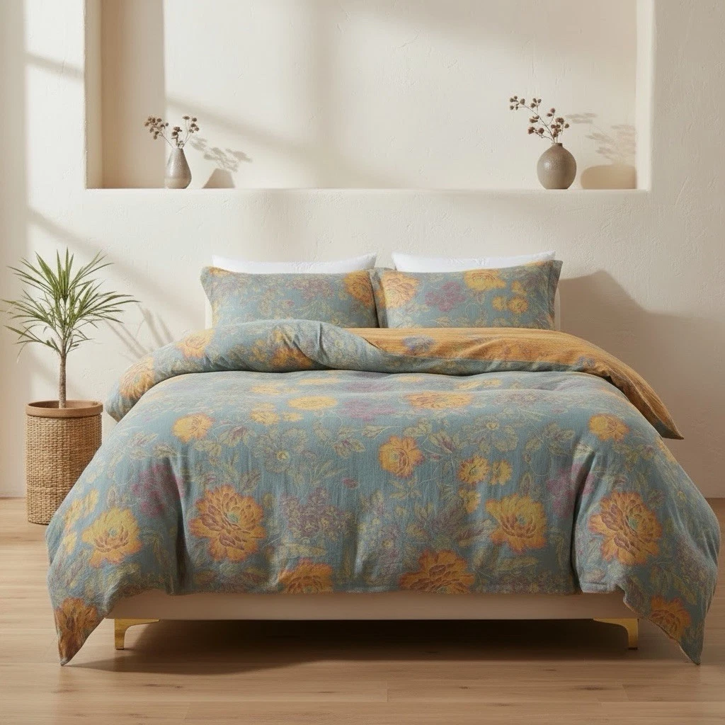 NEW Anthropologie Blue Orange Floral Cotton Queen / King Bedding Duvet Sham Set