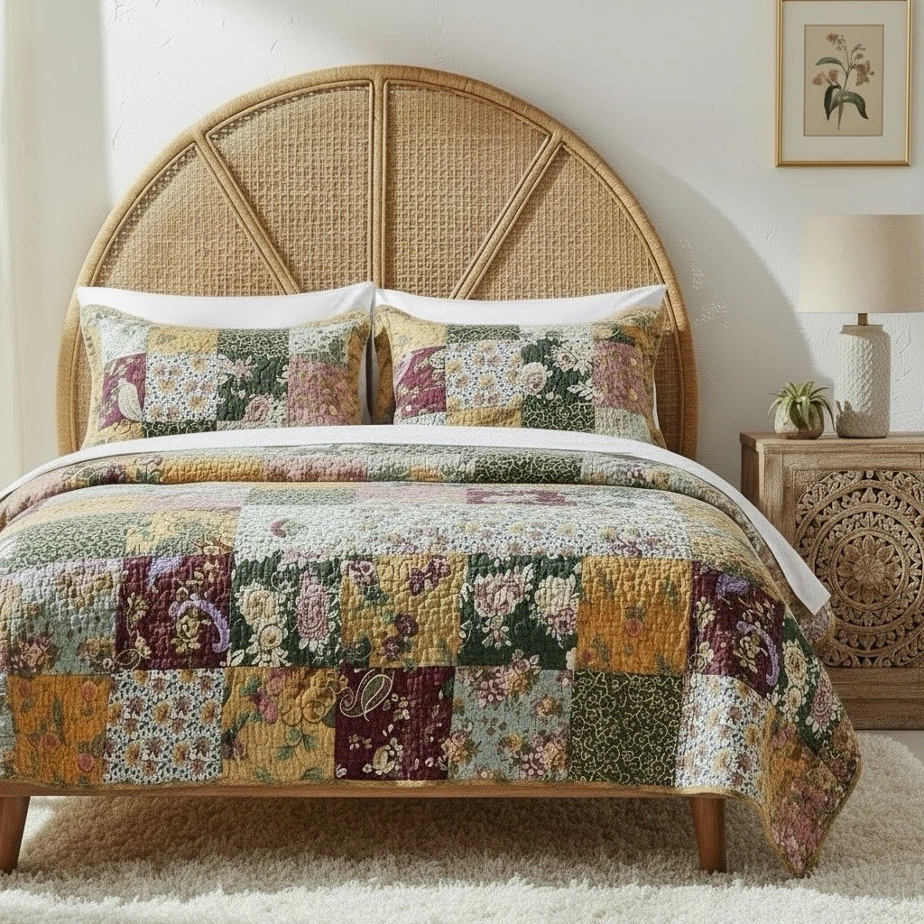 NEW Anthro Cotton Floral Reversible Patchwork Queen King Bedding Quilt Sham Set
