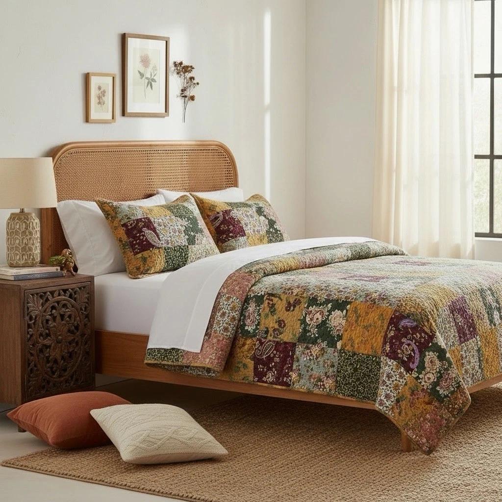 NEW Anthro Cotton Floral Reversible Patchwork Queen King Bedding Quilt Sham Set