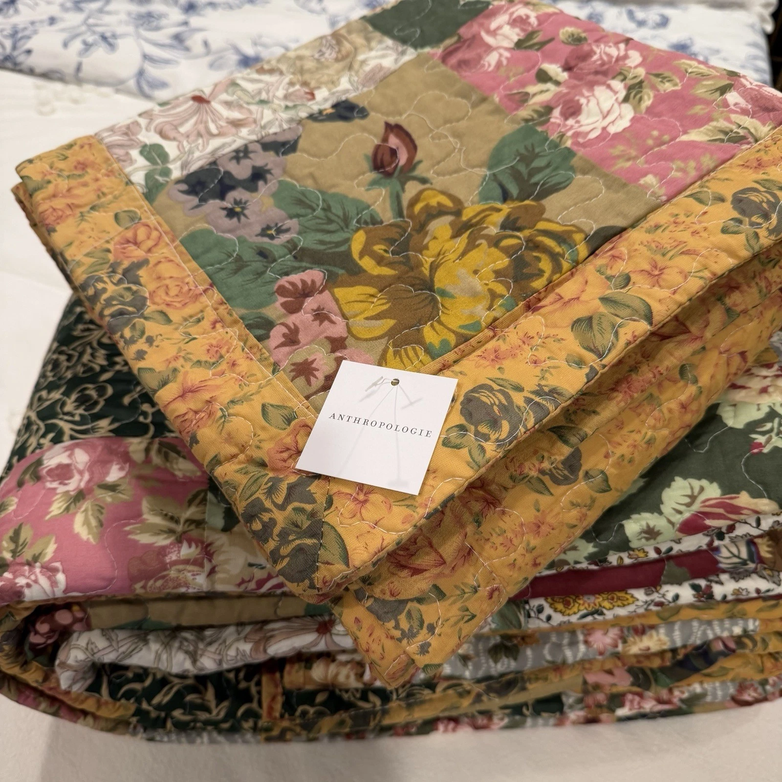 NEW Anthro Cotton Floral Reversible Patchwork Queen King Bedding Quilt Sham Set