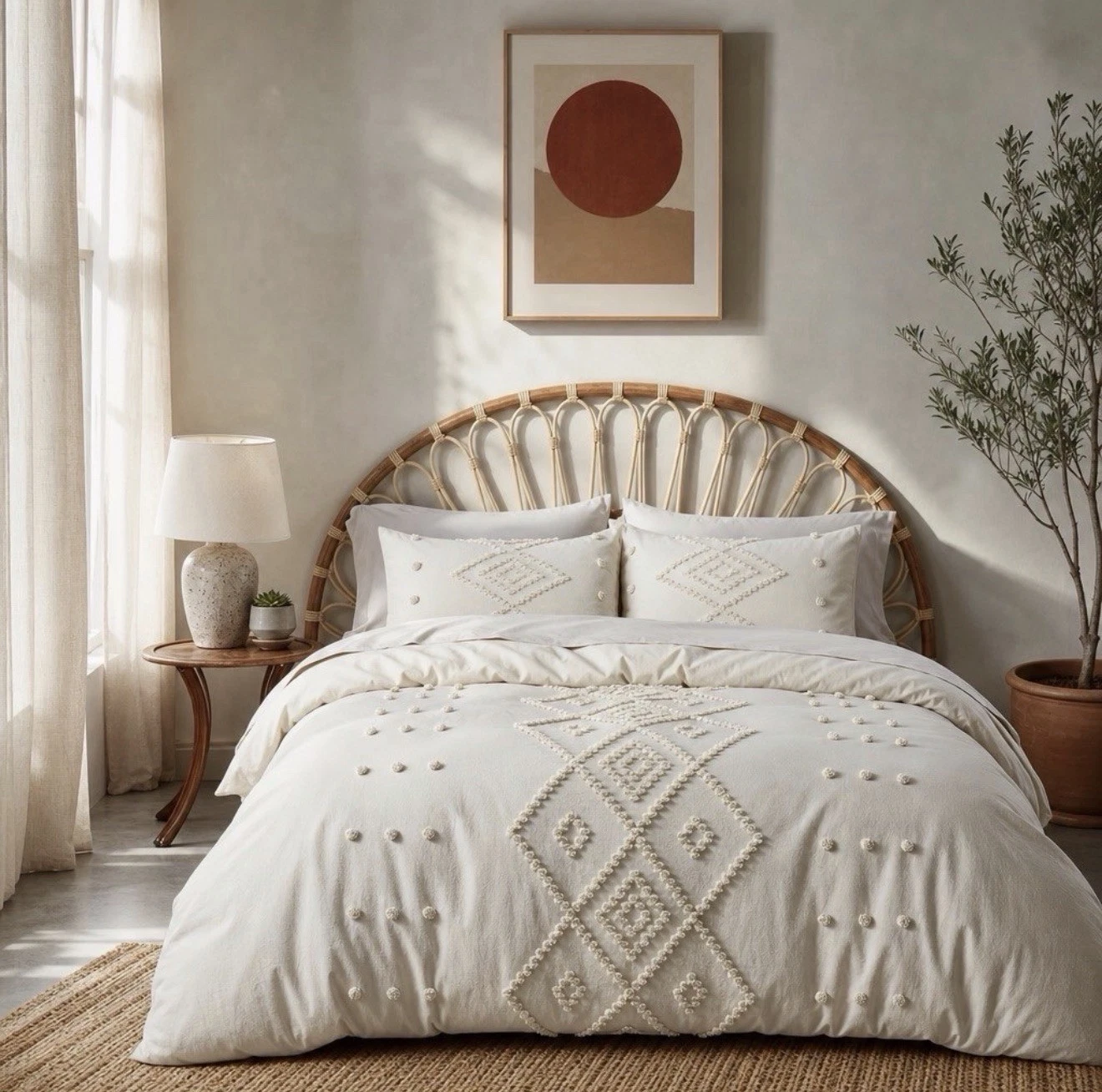 NEW Anthropologie Cream Boho King Size Tassel Bedspread Duvet Blanket Sham Set