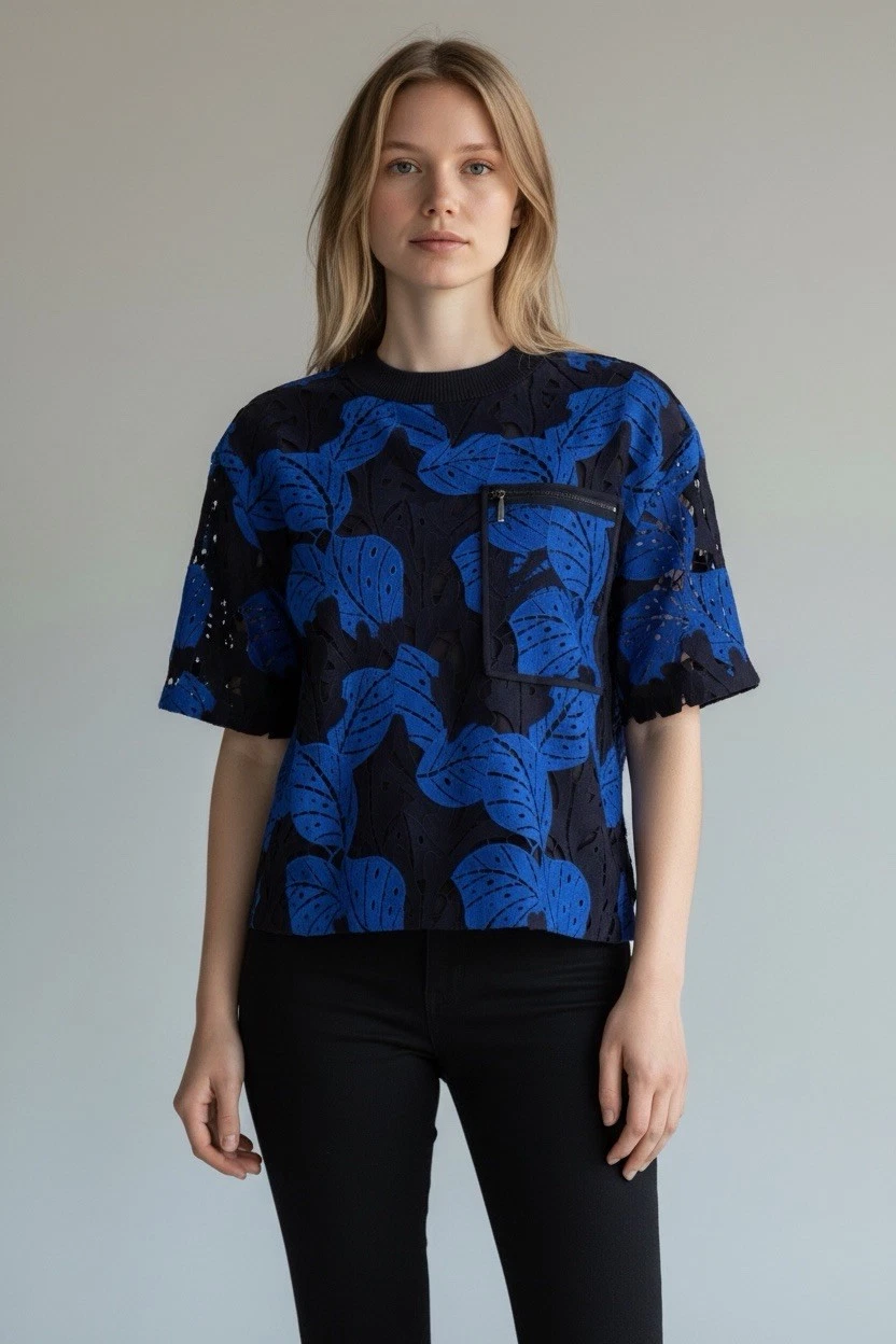 Jason Wu Blue Lace Floral Cutout Shirt Top Blouse | Retail $425 Size Large