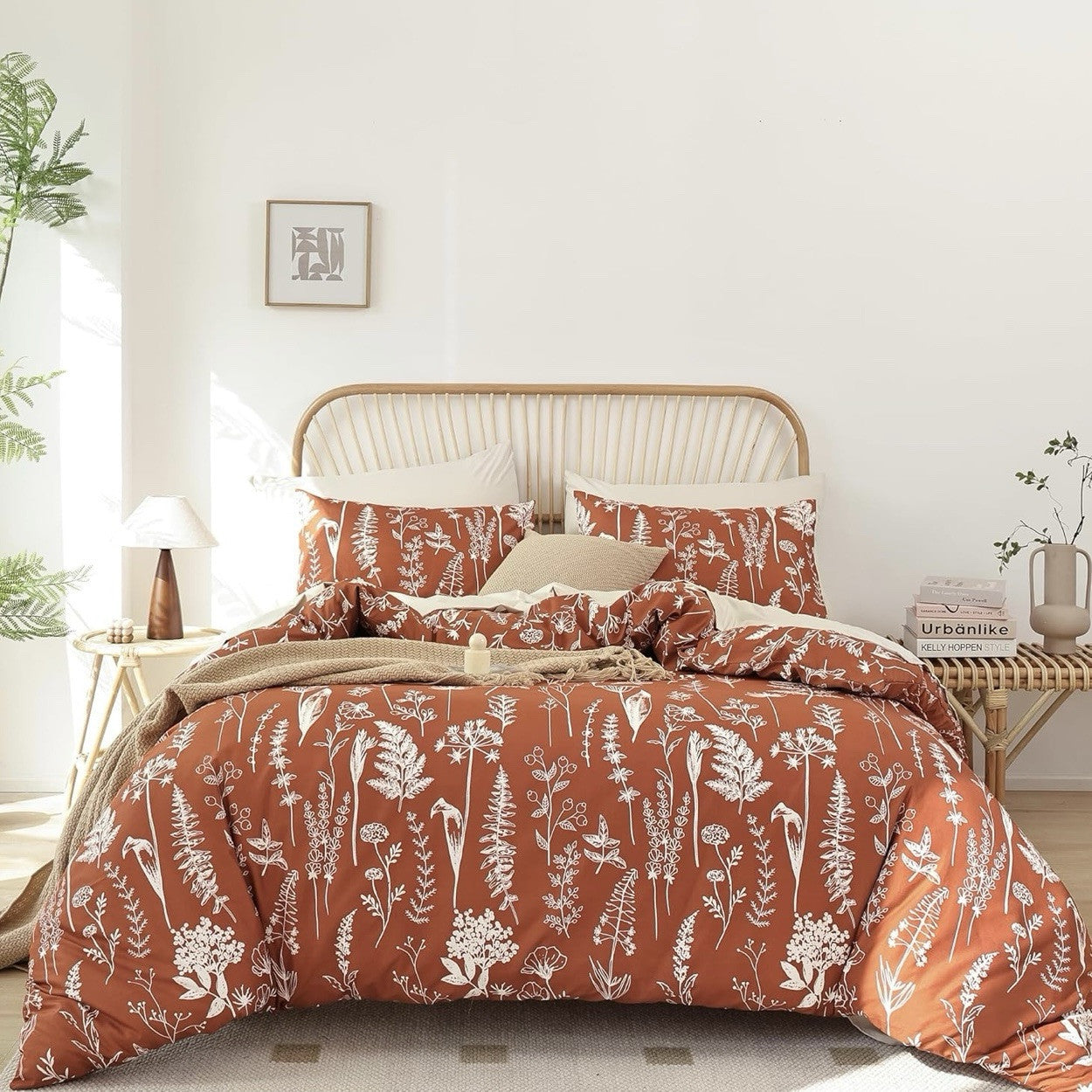 NEW West Elm Red Orange Queen Size Botanical Print Bedding Duvet & Sham Case Set