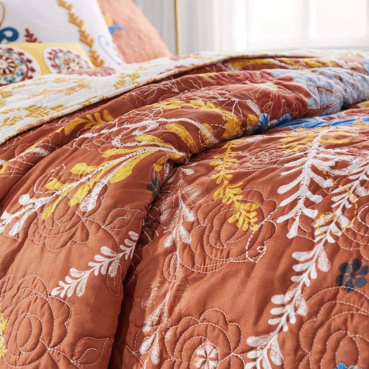 NEW Anthropologie King Floral Reversible Boho Quilt Bedspread Blanket Sham Set