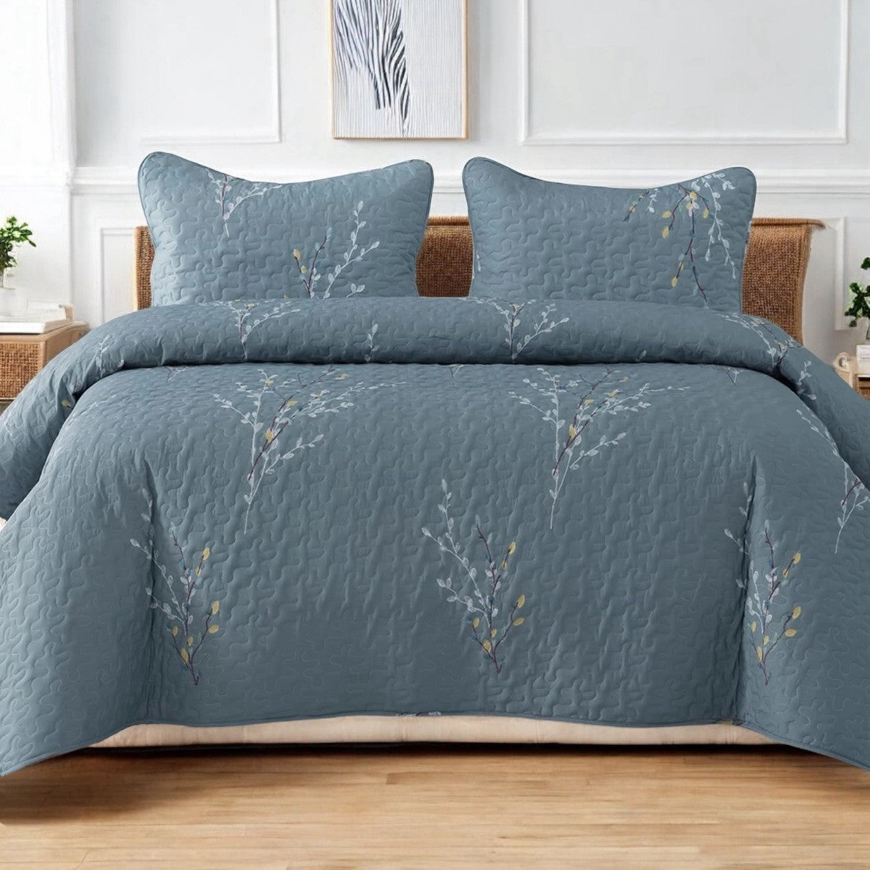 NEW West Elm Blue Queen Size Floral Embroidered Bedspread Quilt Pillow Case Set