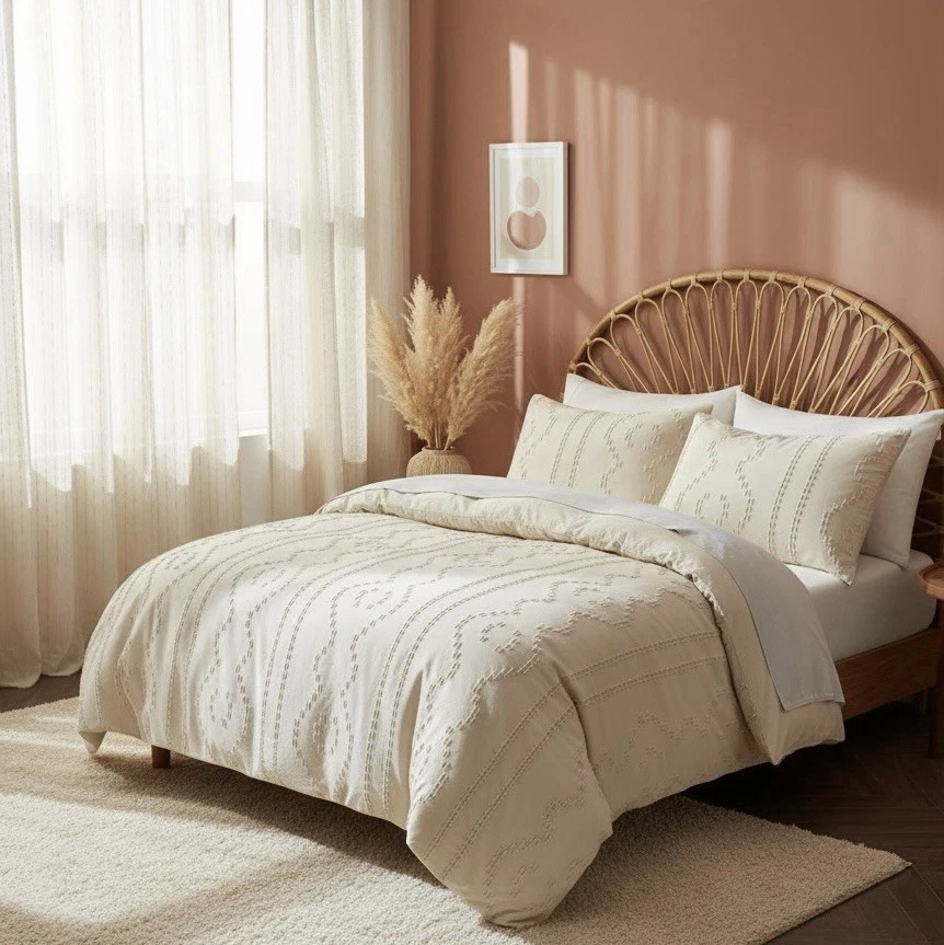 NEW Anthropologie Beige King / Queen Size Tufted Fringe Bedding Duvet Sham Set