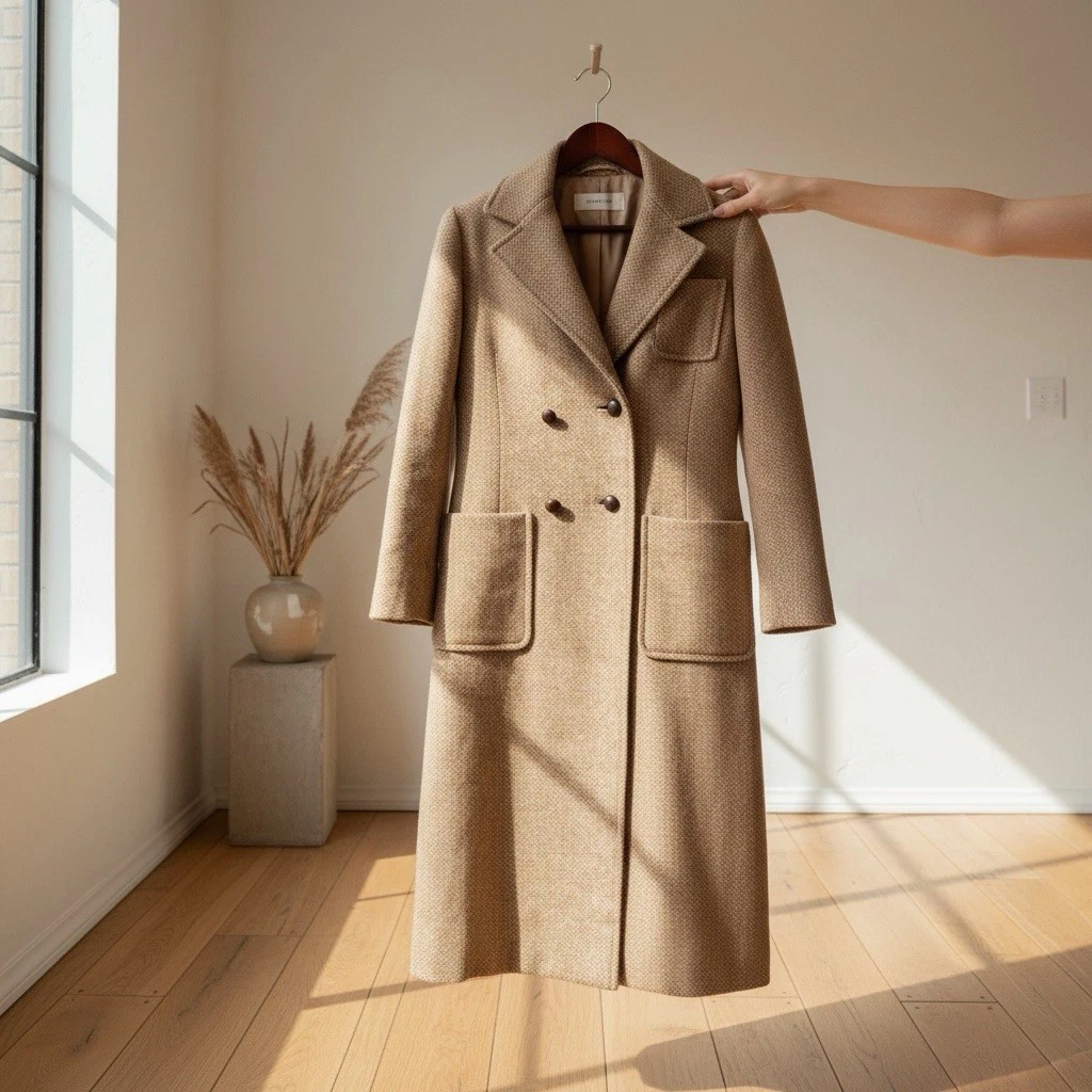 Oscar De La Renta Women's Tweed Tan Trench Coat Jacket | Size Large / 12