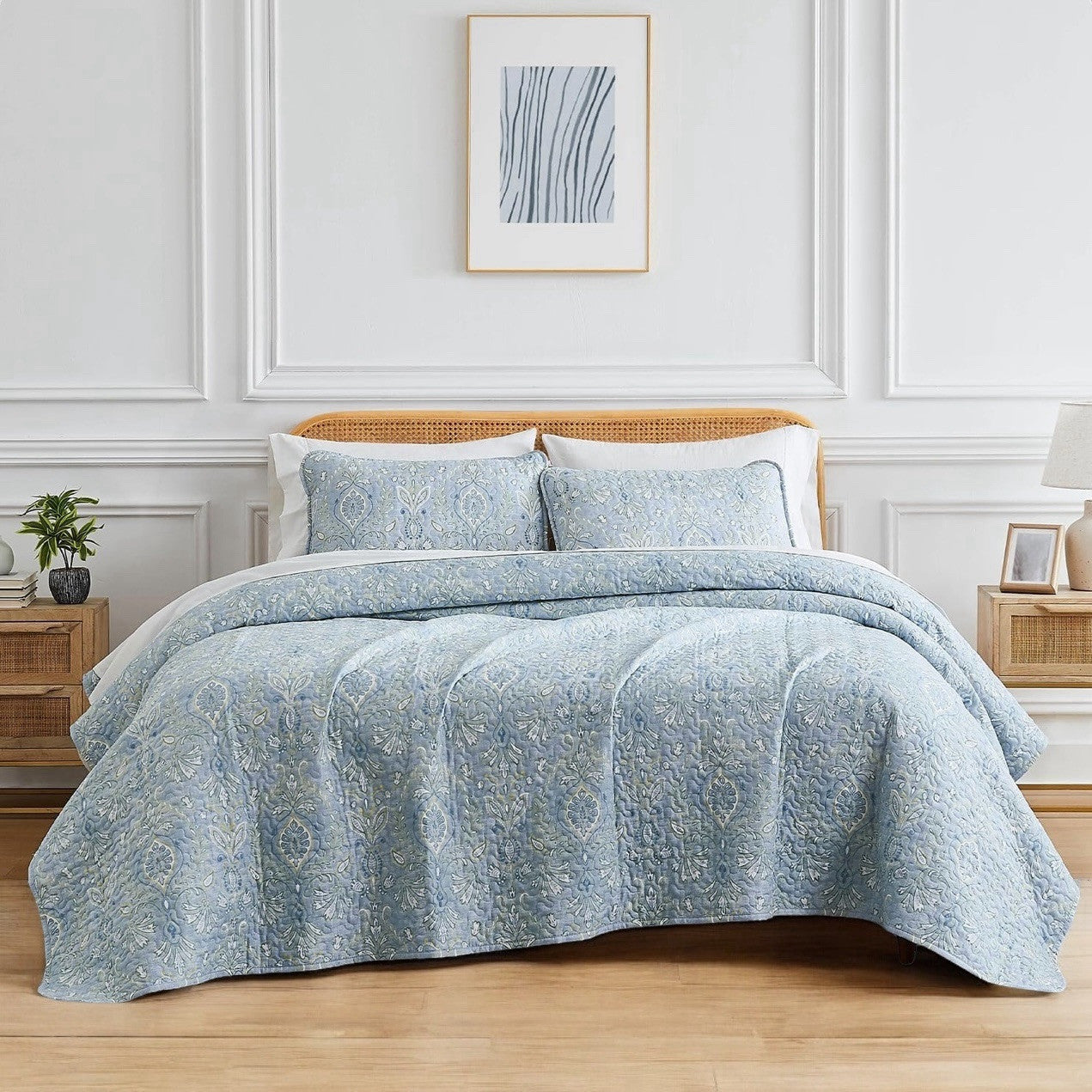 NEW West Elm Light Blue Queen Size Paisley Bedspread Quilt Sham Pillow Case Set