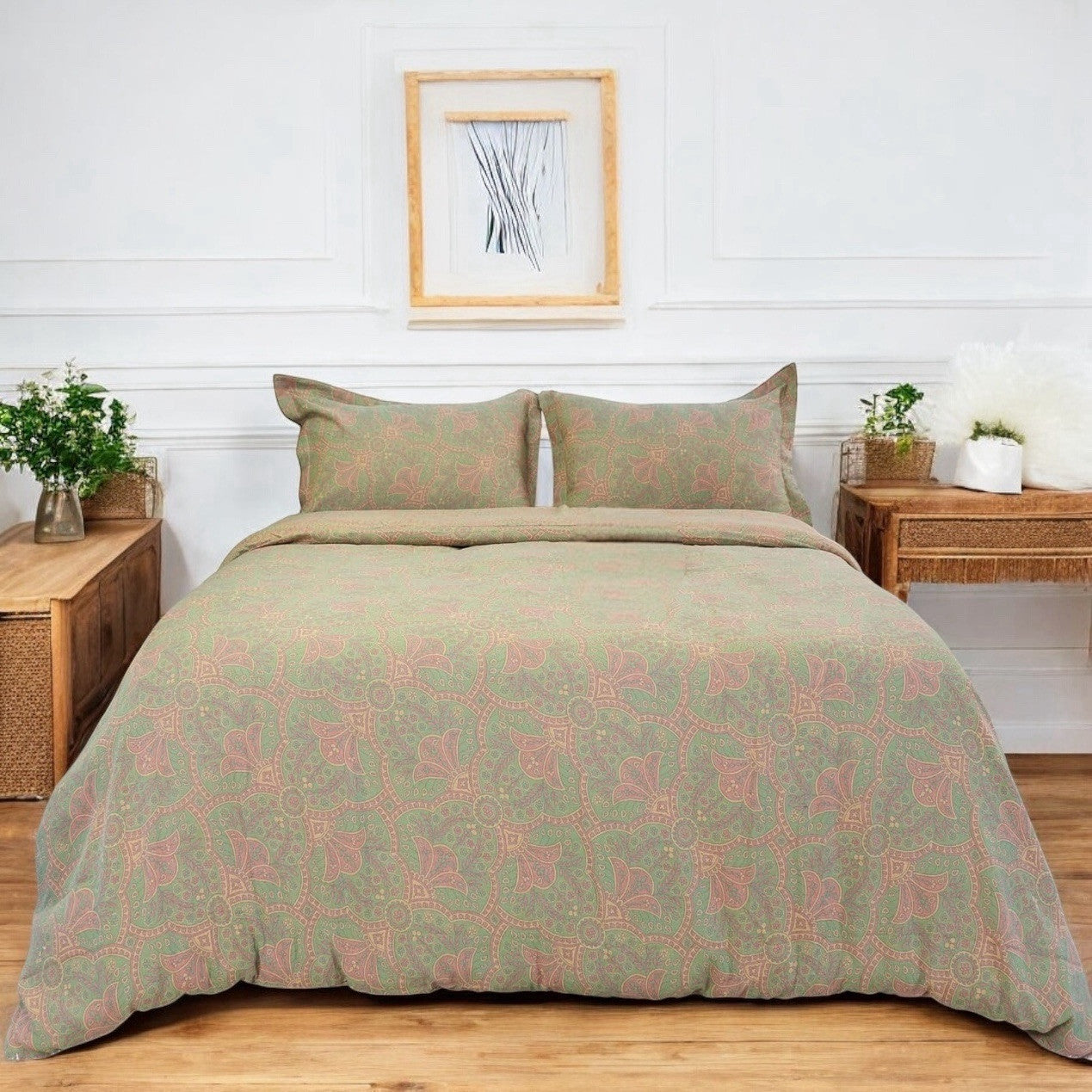 NEW Anthropologie Green Pink Paisley Cotton Boho Queen Bedding Duvet Sham Set