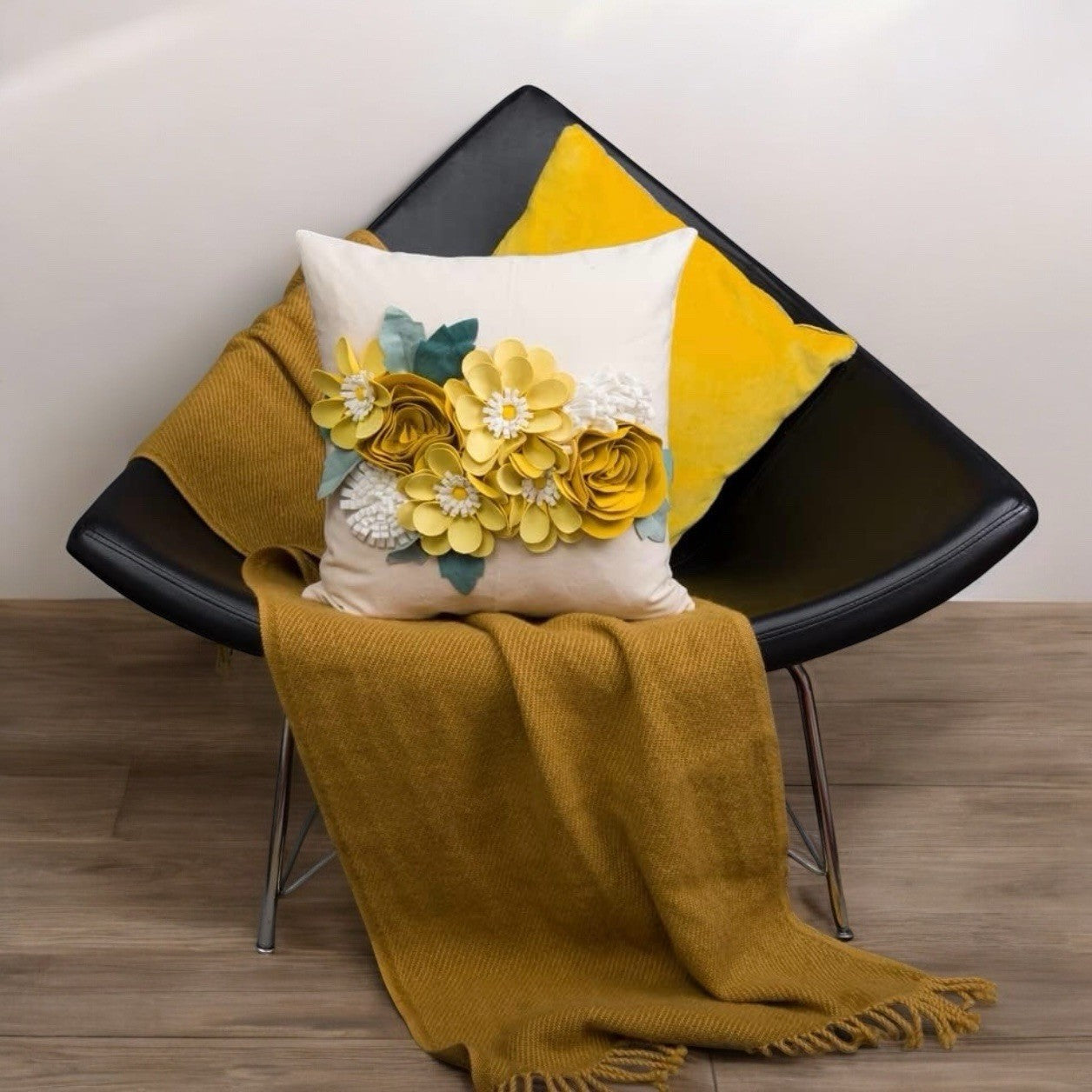 NEW Anthropologie Boho 3D Floral Yellow Felt Throw Pillow Cover Case Sham 18x18