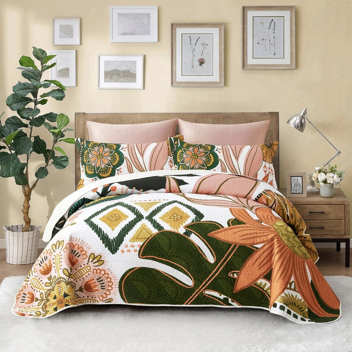 NEW Anthro Queen Size Floral Boho Reversible Quilt Bedspread Blanket Sham Set