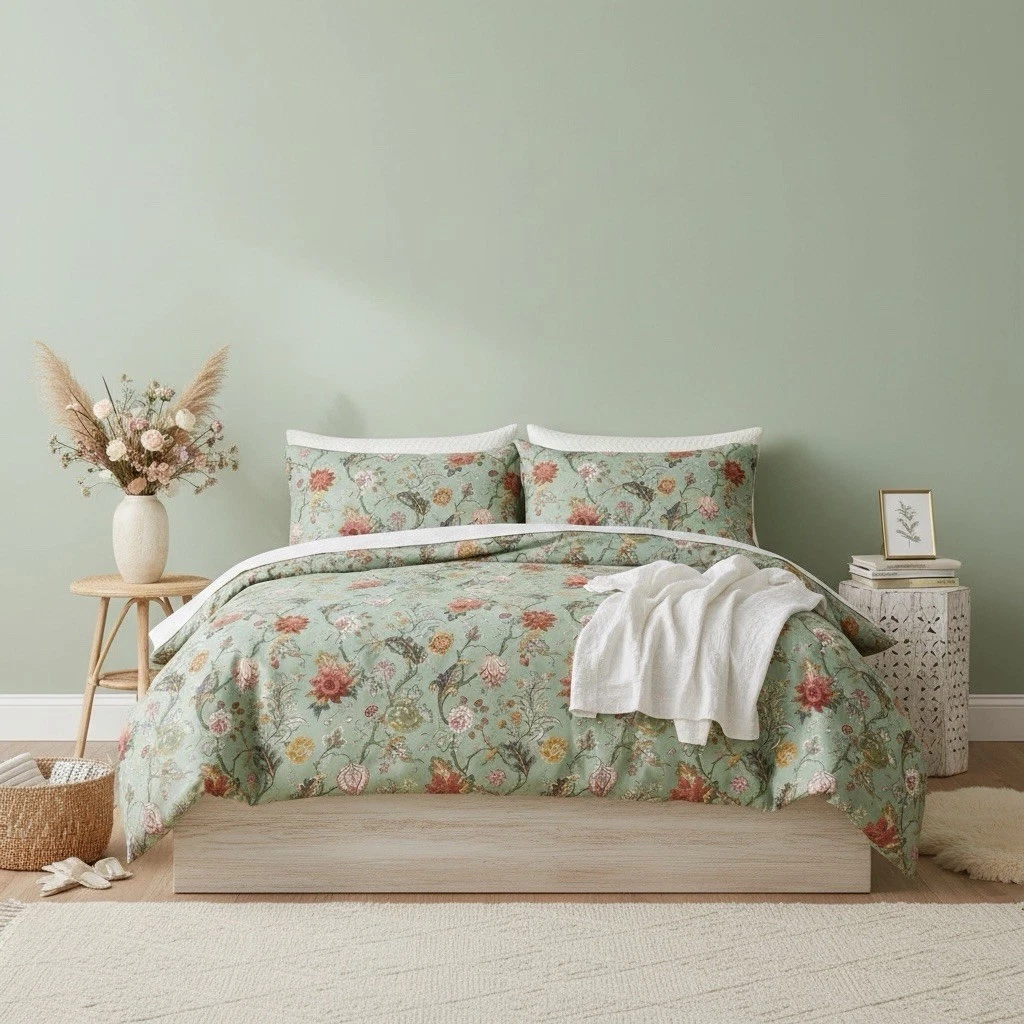 NEW Anthropologie Green Floral King Size Boho Duvet Bedding Sham Case Set