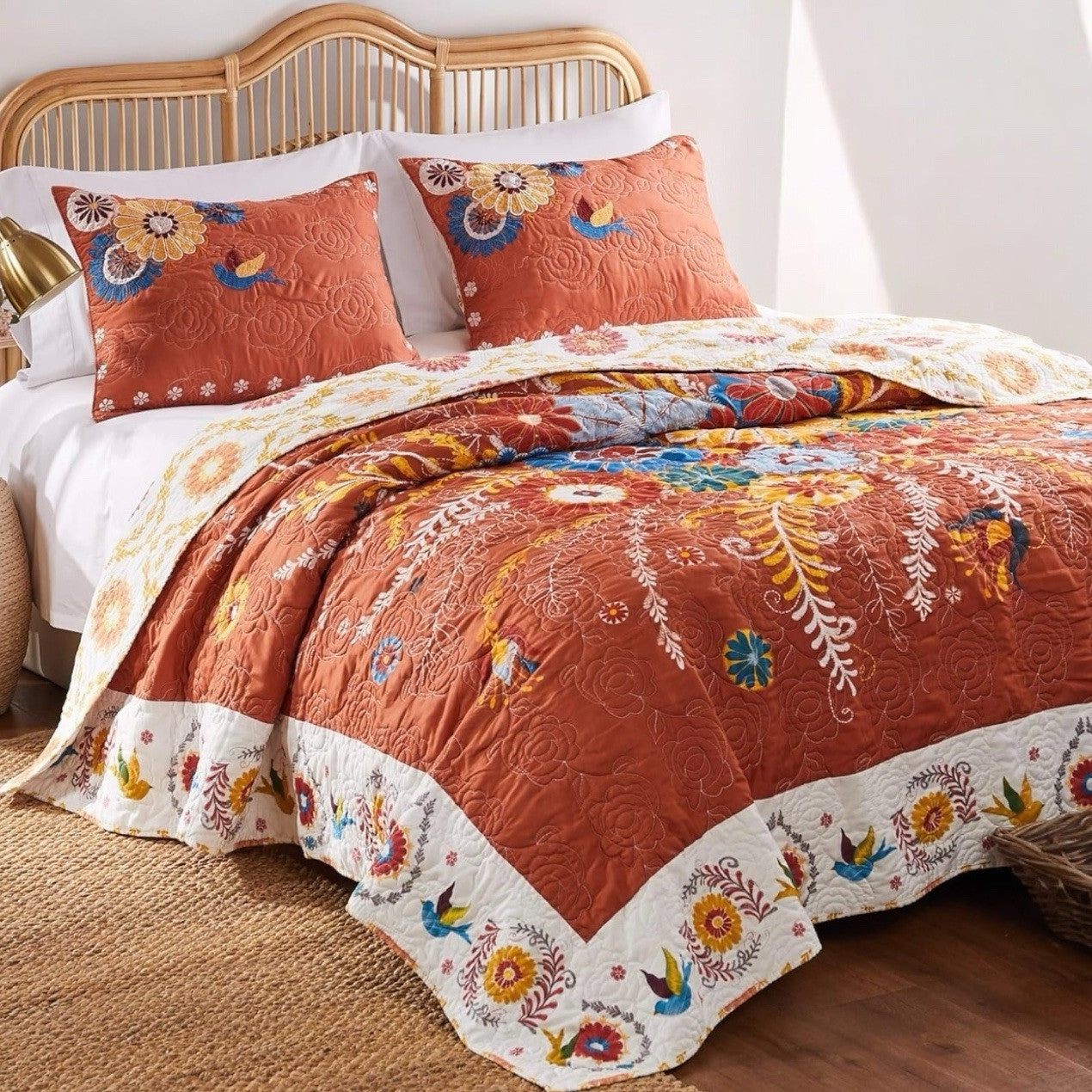 NEW Anthropologie Queen Floral Boho Reversible Quilt Bedspread Blanket Sham Set