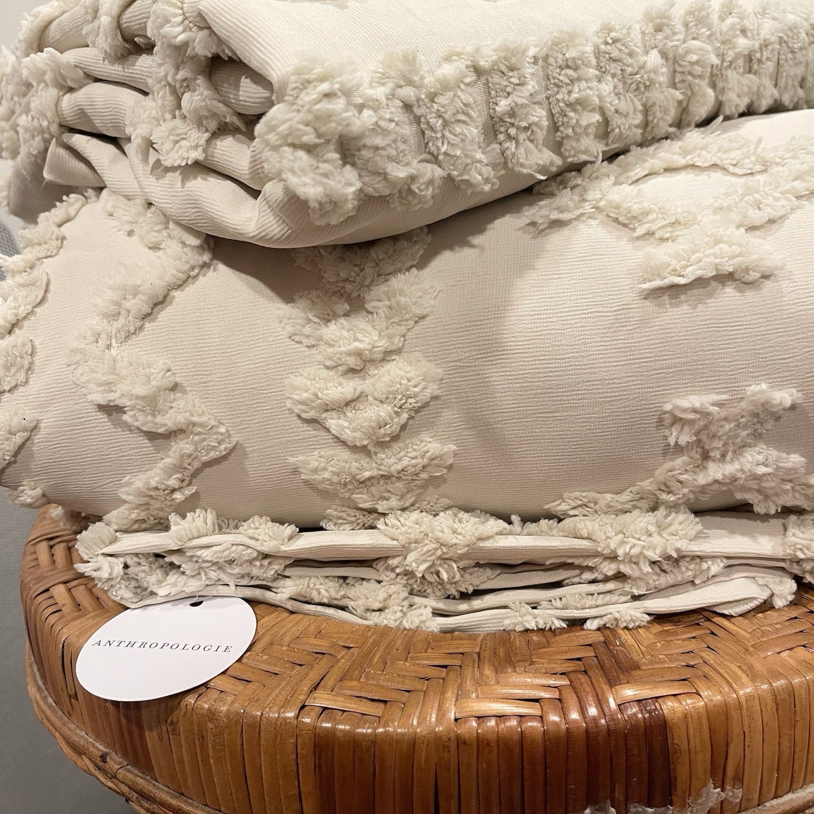 NEW Anthropologie Beige Boho Queen Size Tufted Fringe Bedding Duvet & Sham Set