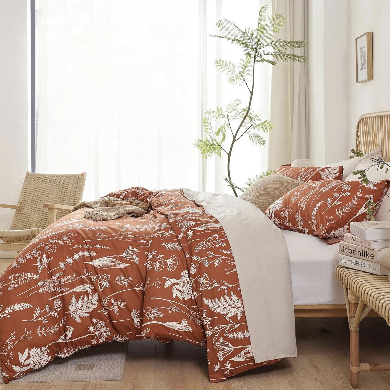 NEW West Elm Red Orange King Size Botanical Print Bedding Duvet & Sham Case Set