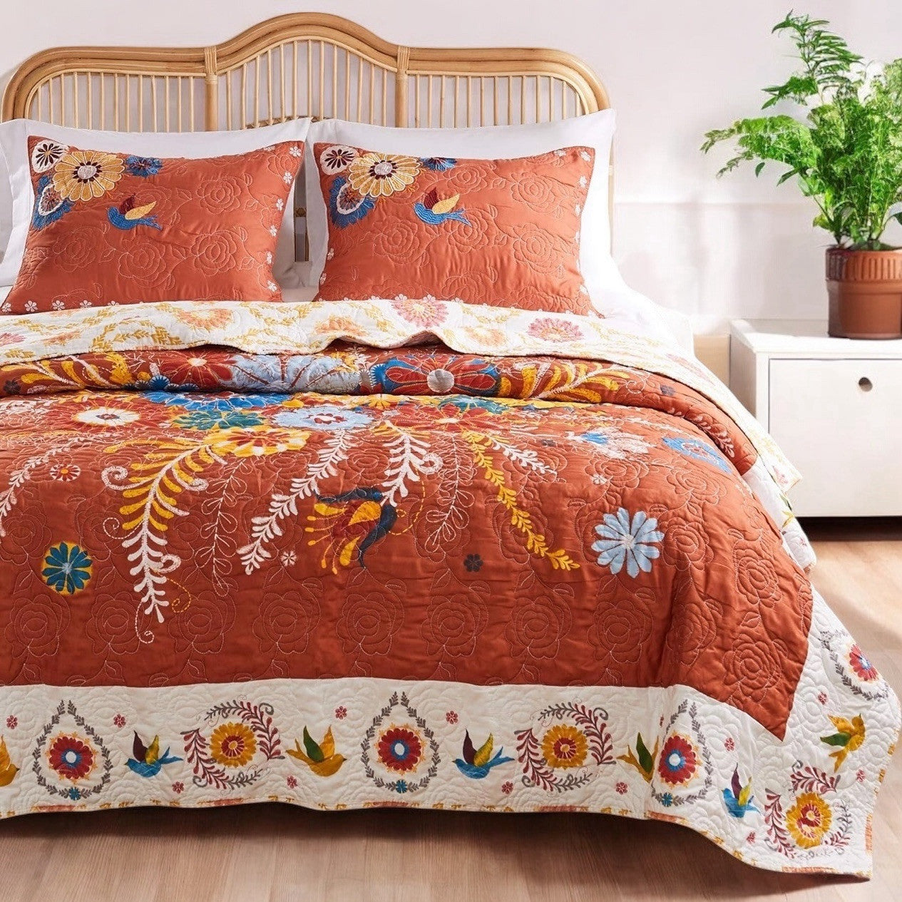 NEW Anthropologie King Floral Reversible Boho Quilt Bedspread Blanket Sham Set