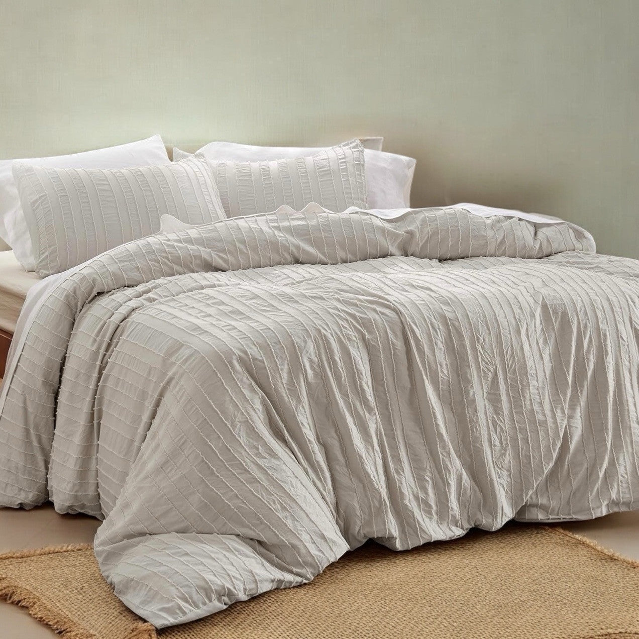 NEW West Elm Beige Boho Queen Size Tufted Simple Solid Bedding Duvet & Sham Set