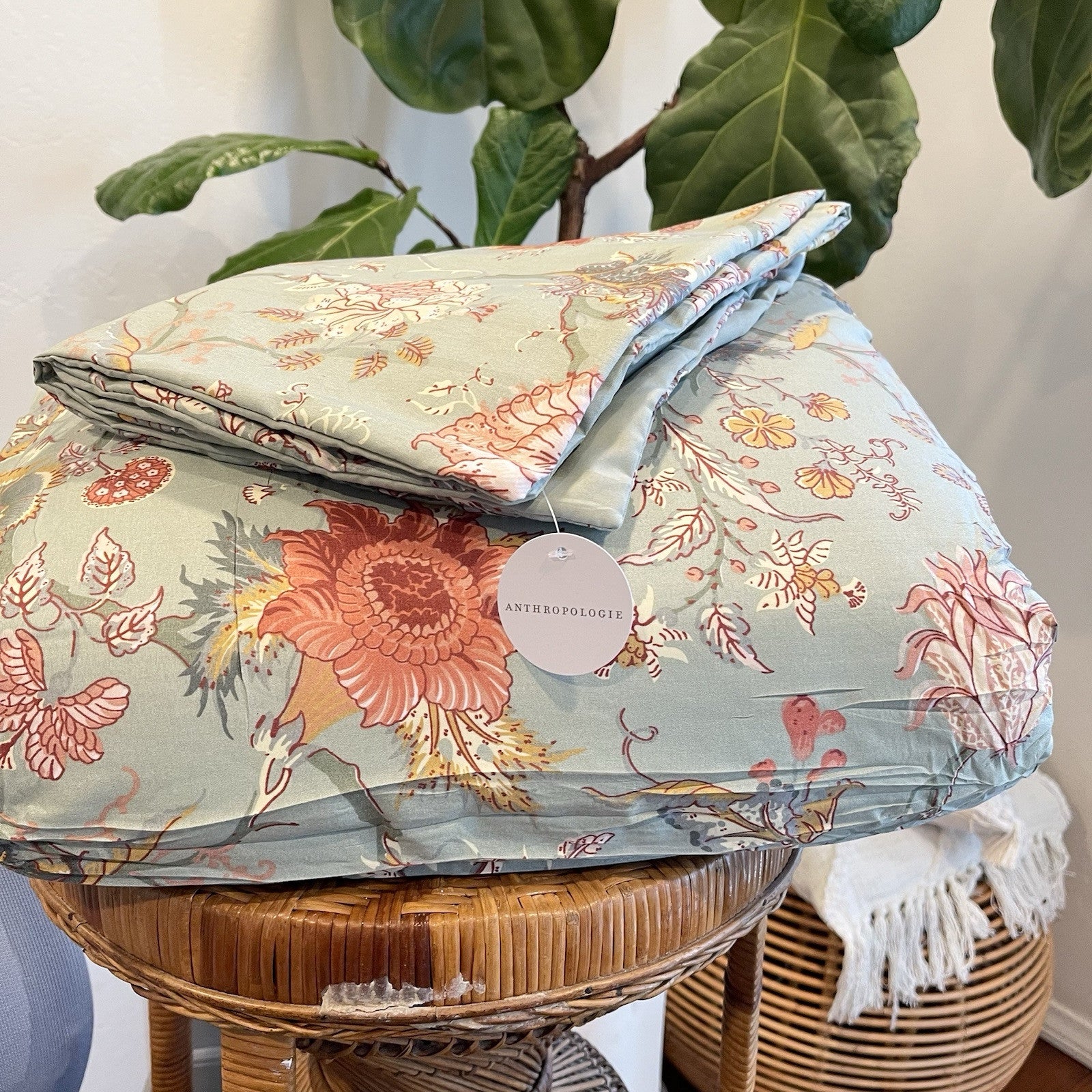 NEW Anthropologie Green Floral Queen Size Boho Comforter Bedding Sham Case Set