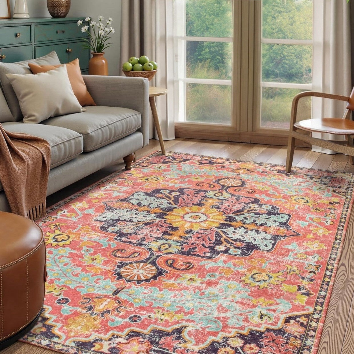 NEW Anthropologie Moroccan Boho Multicolor Washable Area Rug Carpet - 5' x 7'