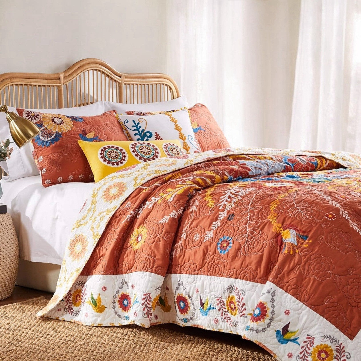 NEW Anthropologie Queen Floral Boho Reversible Quilt Bedspread Blanket Sham Set