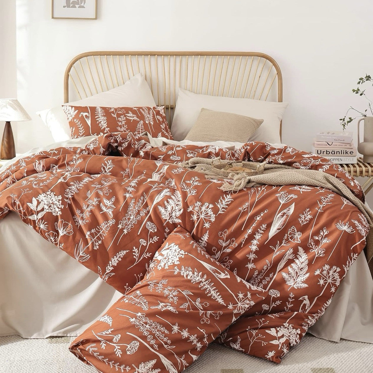 NEW West Elm Red Orange Queen Size Botanical Print Bedding Duvet & Sham Case Set