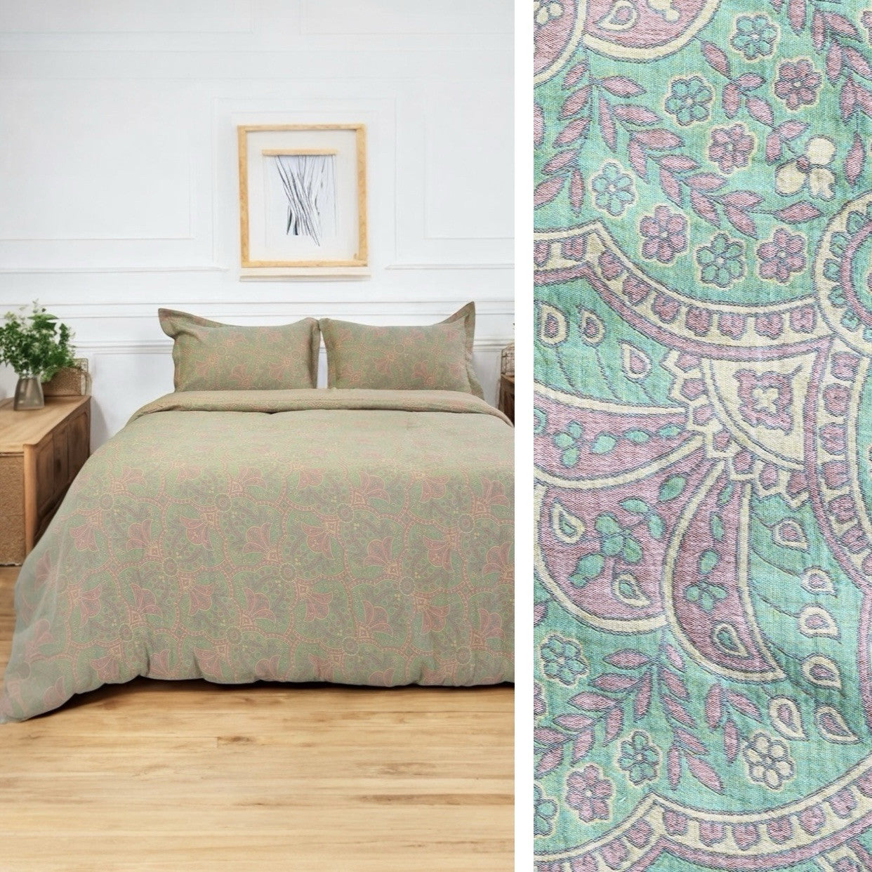 NEW Anthropologie Green Pink Paisley Cotton Boho King Bedding Duvet Sham Set