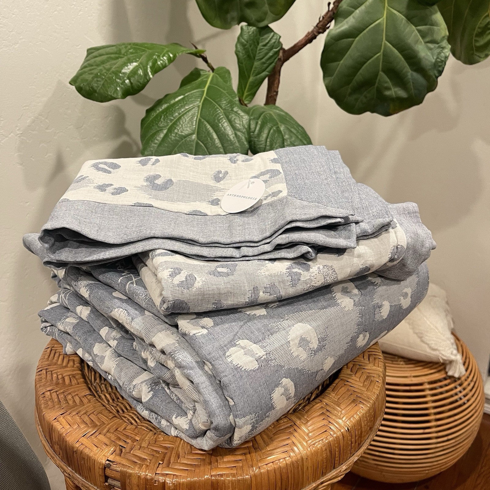 NEW Anthropologie Blue Grey Spotted Boho King Size Bedding Duvet Sham Case Set