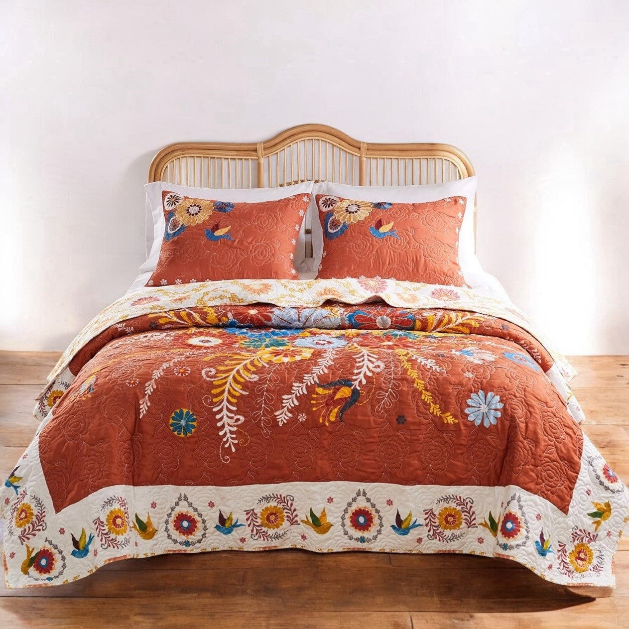 NEW Anthropologie King Floral Reversible Boho Quilt Bedspread Blanket Sham Set