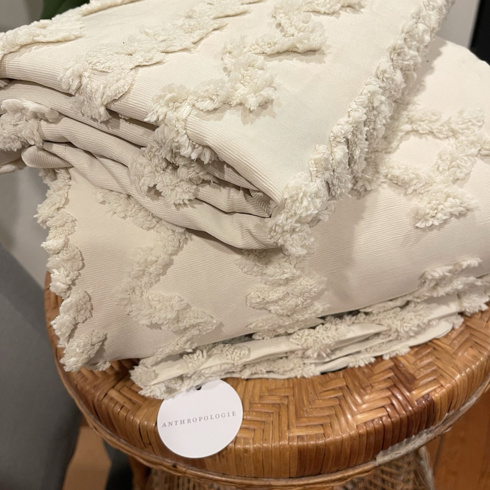 NEW Anthropologie Beige Boho King Size Tufted Fringe Bedding Duvet & Sham Set