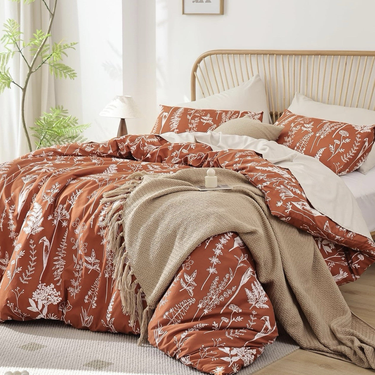 NEW West Elm Red Orange King Size Botanical Print Bedding Duvet & Sham Case Set