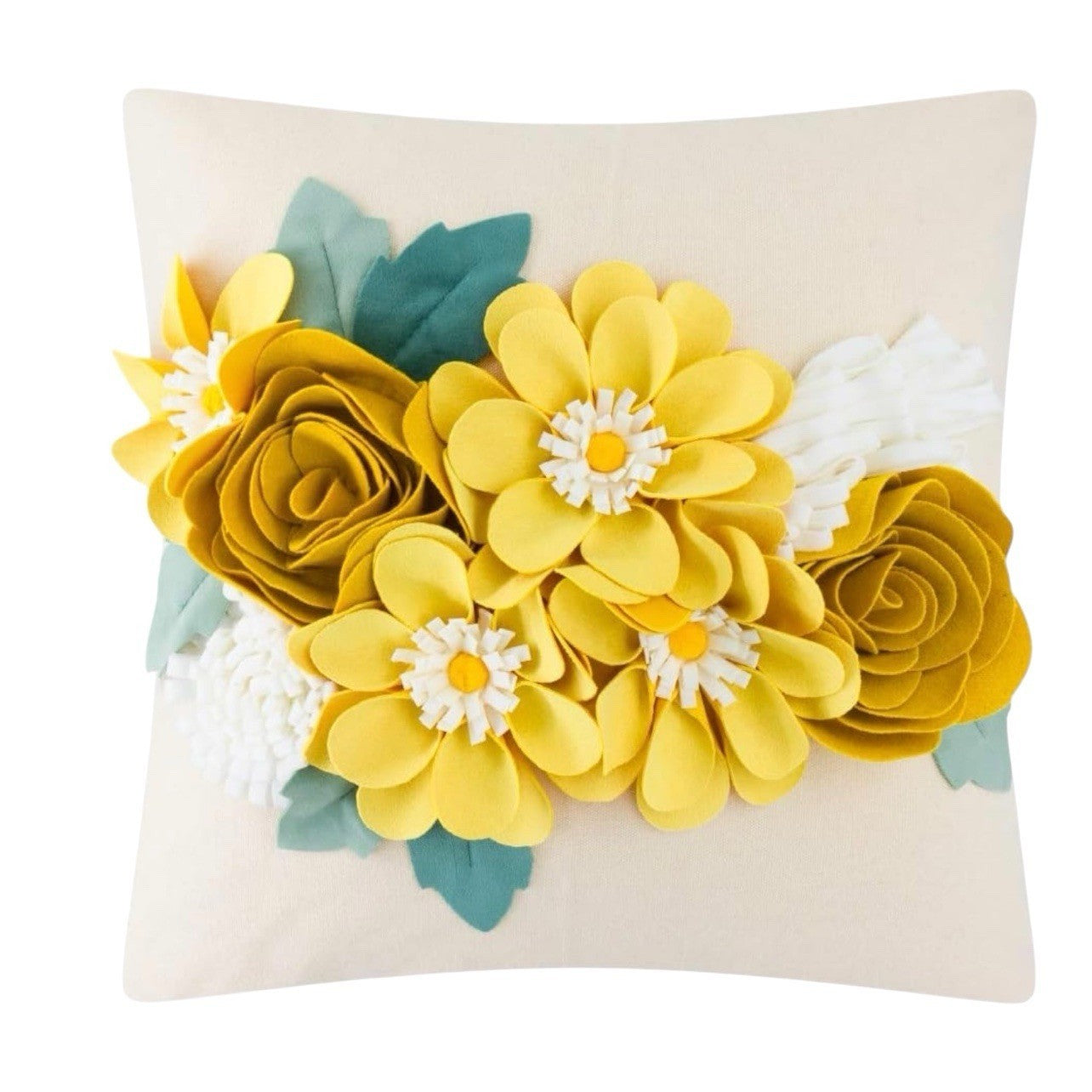 NEW Anthropologie Boho 3D Floral Yellow Felt Throw Pillow Cover Case Sham 18x18