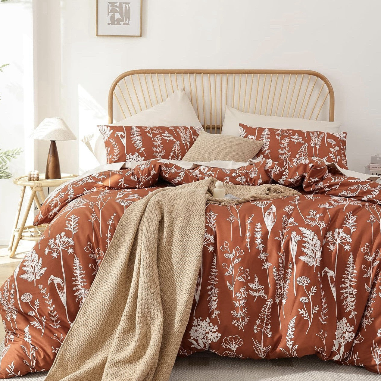 NEW West Elm Red Orange Queen Size Botanical Print Bedding Duvet & Sham Case Set