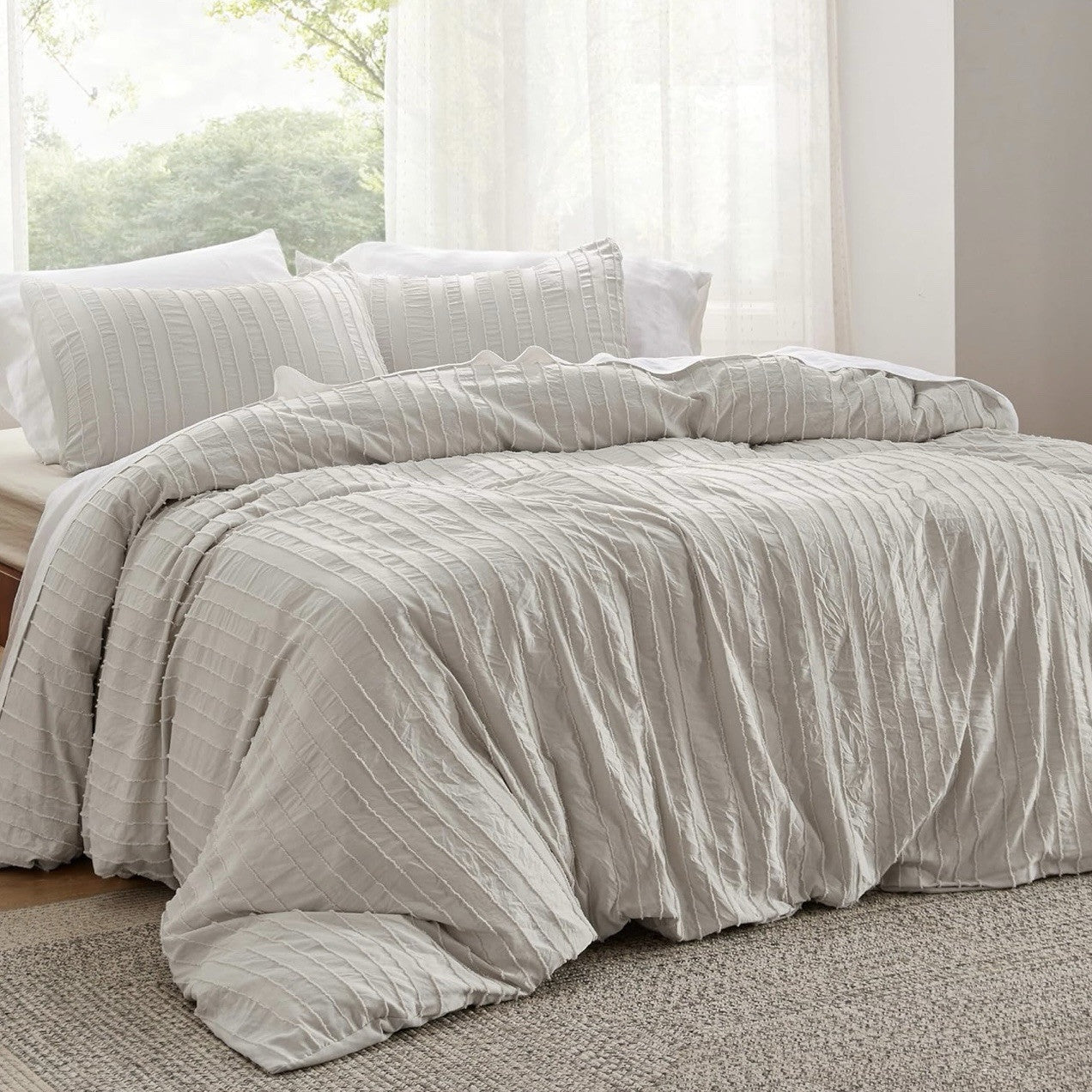 NEW West Elm Beige Boho Queen Size Tufted Simple Solid Bedding Duvet & Sham Set