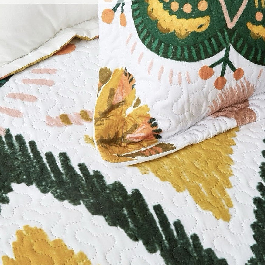 NEW Queen Abstract Floral Boho Reversible Quilt Bedspread Blanket Sham Set
